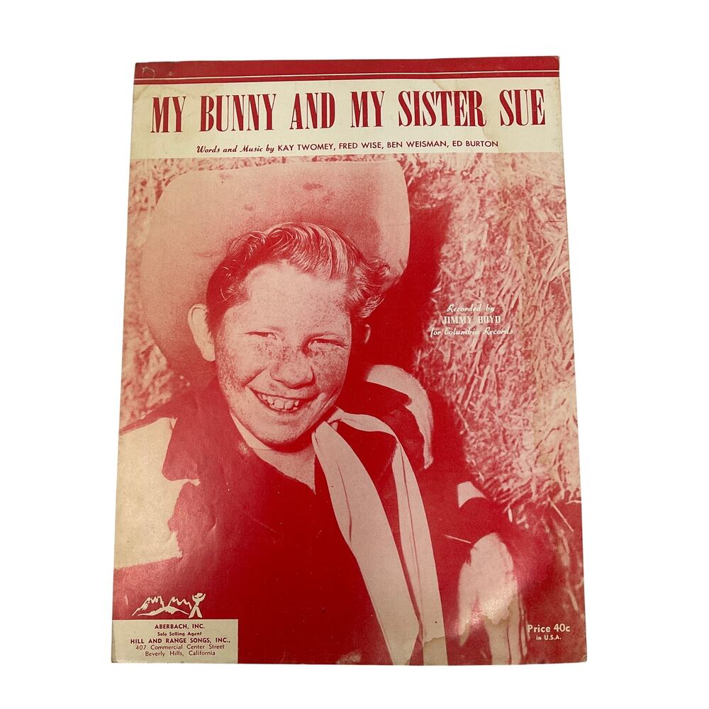 My Bunny And My Sister Sue Sheet Music Jimmy Boyd Twomey Wise Weisman‎ Burton